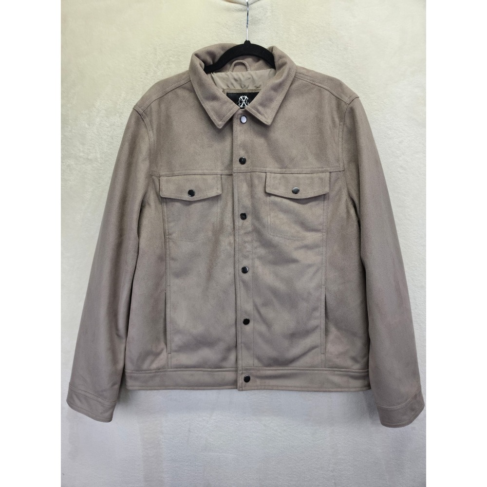 NWT CXL by Christian Lacroix Mens Faux Suede Trucker Jacket Taupe Brown Large